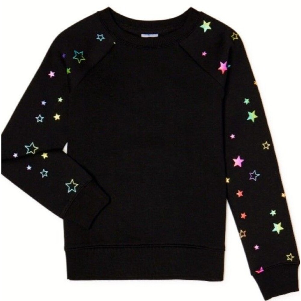 Athletic Works Girls Fleece Sweatshirt Black W/Rainbow Color Stars XL(14-16) New